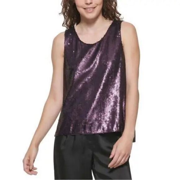 NWT DKNY Womens Sleeveless Sequin Split-Back Top Purple Size S - Picture 1 of 11